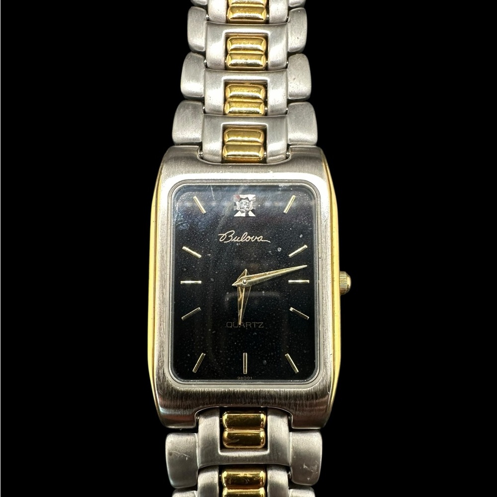 Bulova Two-Tone Rectangular Black Dial Quartz Wat… - image 1